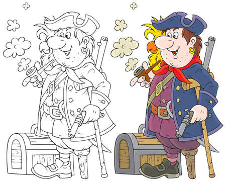 Pirate with his parrot and chestのイラスト素材