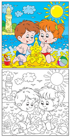 Girl and boy building a sand castle on a beachのイラスト素材