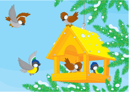 Titmice and sparrows around a birdfeederのイラスト素材