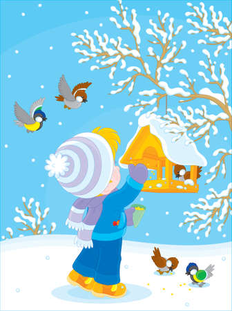 Child feeds titmice and sparrowsのイラスト素材