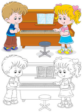 girl and boy playing a piano のイラスト素材