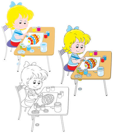 Little girl drawing a decorated Easter eggのイラスト素材
