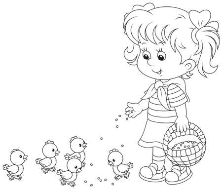 Girl feeding chicksのイラスト素材