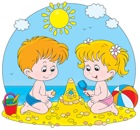 girl and boy building a sand castle on a beachのイラスト素材
