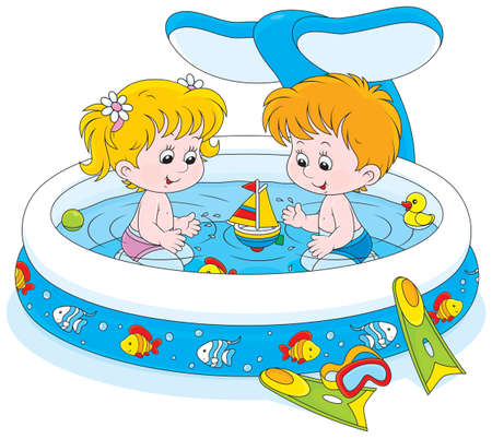 girl and boy playing in an inflatable paddling pool のイラスト素材