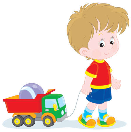 Boy walking with toysのイラスト素材
