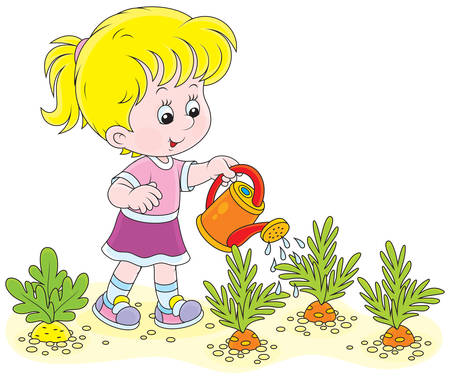 Little girl watering vegetables in a kitchen gardenのイラスト素材