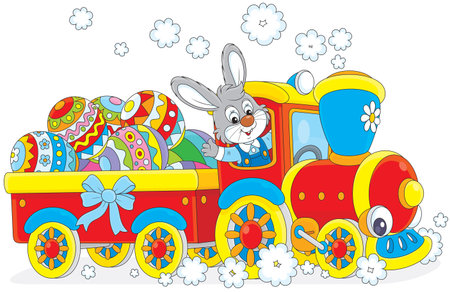 Easter rabbit on a toy train carries decorated eggs のイラスト素材