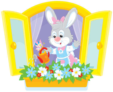 Easter Bunny watering window flowersのイラスト素材