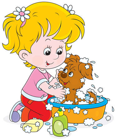 Little girl washes her pup in a basin with latherのイラスト素材