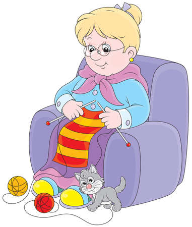 Grandmother knits a striped scarfのイラスト素材