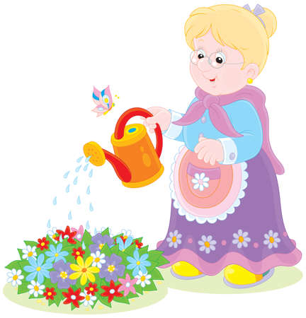 Granny watering flowersのイラスト素材