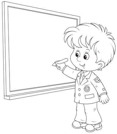 Schoolboy writes on the blackboard with chalkのイラスト素材