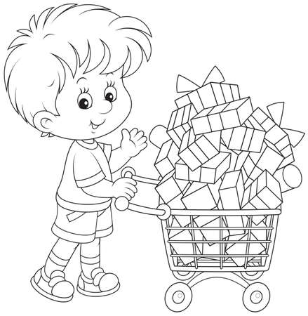 Boy with a shopping trolley of giftsのイラスト素材