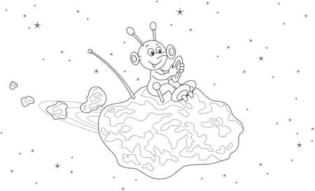 Funny alien flying on a small asteroidのイラスト素材