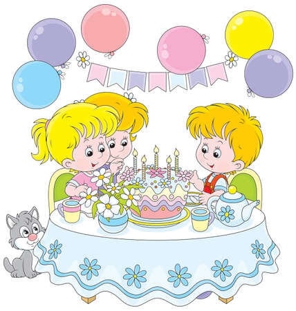 Children at the table with a birthday cakeのイラスト素材