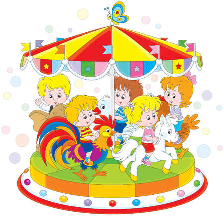 Children riding on a funny carouselのイラスト素材
