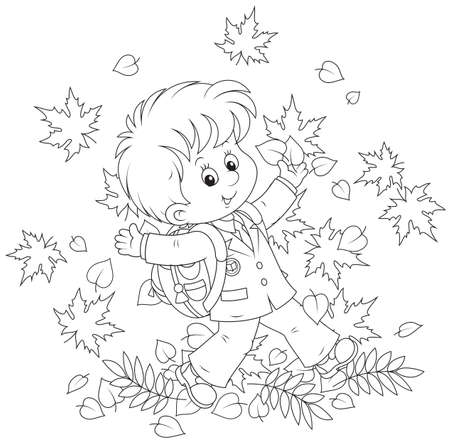 Schoolboy with autumn leavesのイラスト素材