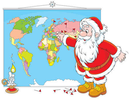 Santa Claus planning his route for delivery of Christmas giftsのイラスト素材