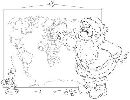 Santa Claus planning his route for delivery of Christmas giftsのイラスト素材