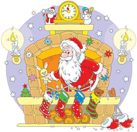 Santa Claus with Christmas gifts in the fireplaceのイラスト素材