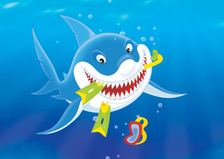 Shark with a snorkel, a mask and flippers of a diverの写真素材