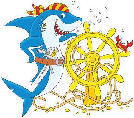 Pirate Shark with a pistol, a saber and a steering wheelのイラスト素材