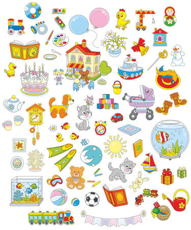 Set of funny vector toys, pets, gifts and other objects on a white backgroundのイラスト素材