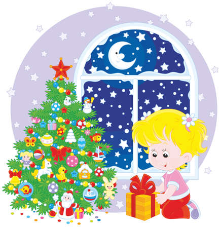 The Christmas night, a little girl with her gift near a decorated Christmas treeのイラスト素材