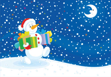 Christmas Snowman walking with giftsのイラスト素材