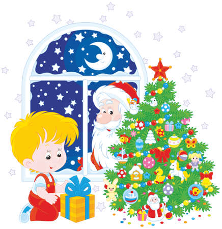 Santa and Boy with Christmas giftのイラスト素材