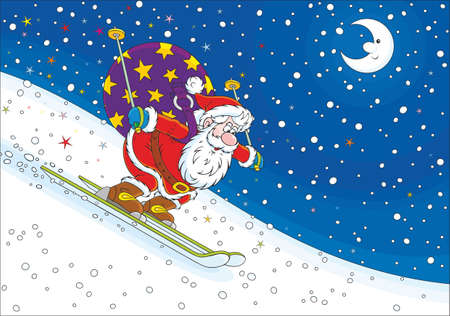 The night before Christmas, Santa Claus skiing down the snow hill with his big bag of gifts for childrenのイラスト素材