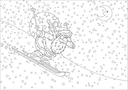 Santa Claus skiing down the snow hill with his big bag of gifts for children, a black and white vector illustration for a coloring bookのイラスト素材
