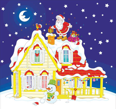 The night before Christmas, Santa Claus putting his holiday presents in a chimney on a snow-covered roof of a houseのイラスト素材