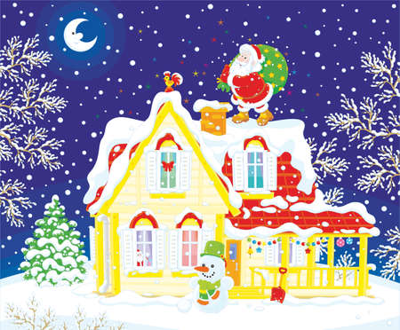 Santa Claus with holiday presents in a big gift sack on a snow-covered roof top on a snowy Christmas eve nightのイラスト素材
