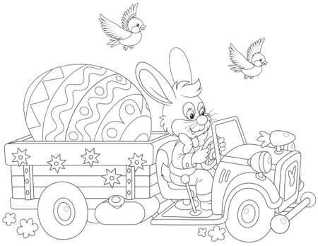black and white vector illustration of a little rabbit driving a truck with a big decorated Easter eggのイラスト素材
