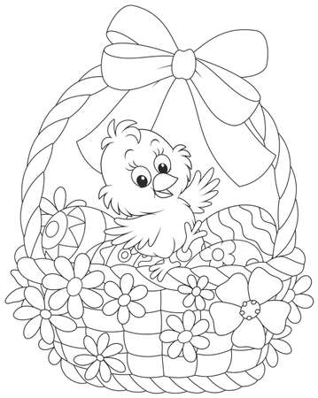 Little chicken in an Easter basket with painted eggs, decorated with a bow and flowersのイラスト素材