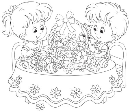 Children decorating an Easter basketのイラスト素材