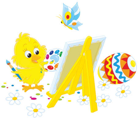 little yellow chicken drawing a colorfully decorated Easter egg on his canvasのイラスト素材