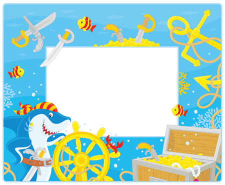 Frame with a pirate shark and sunken treasureのイラスト素材
