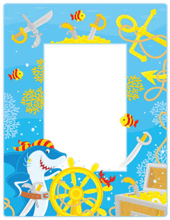 Frame with a pirate shark and sunken treasureのイラスト素材