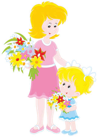 Mom and her daughter with flowersのイラスト素材