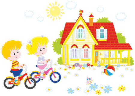 Children riding bicycles on a summer day near a country houseのイラスト素材