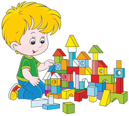 little boy constructing a toy house with colored bricksのイラスト素材