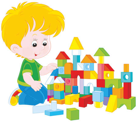 little boy constructing a toy house with colored bricksのイラスト素材