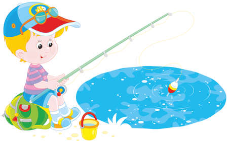 little boy sitting on his backpack and fishing in a pondのイラスト素材