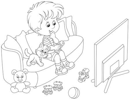 little boy sitting on a couch and watching TVのイラスト素材