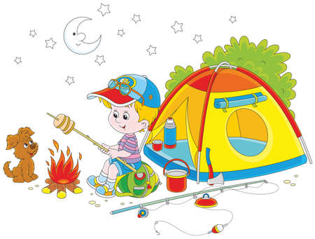 Little boy scout roasting bread on campfire near his camping tentのイラスト素材
