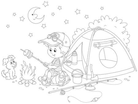 Little boy scout roasting bread on campfire near his camping tentのイラスト素材