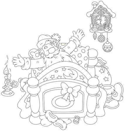 Santa Claus yawning and stretching oneself in his bedのイラスト素材
